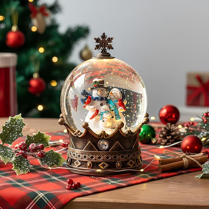 Christmas Snow Globe Lantern Water Glittering Snowman Family Crown with Music, USB Lined/Battery Operated Lighted Lantern for Christmas Festival Decoration Gifts