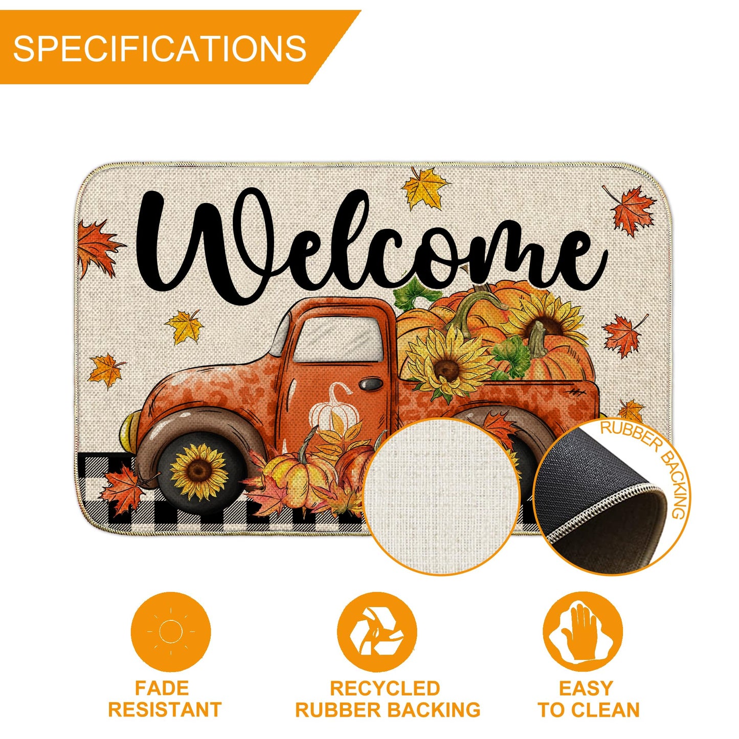 Fall Door Mat, Welcome Fall Outdoor Mat for Front Door, Autumn Pumpkins with Truck Black and White Buffalo Plaid Seasonal Non Slip Doormat for Entrance Entryway Outside, 17x29 Inches