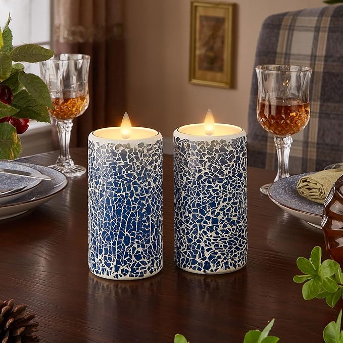 Blue Cracked Glass Flameless Pillar Candles - 3D Moving Flickering LED, Remote Timer & Battery Operated, Real Wax Interior for Home/Christmas Decor