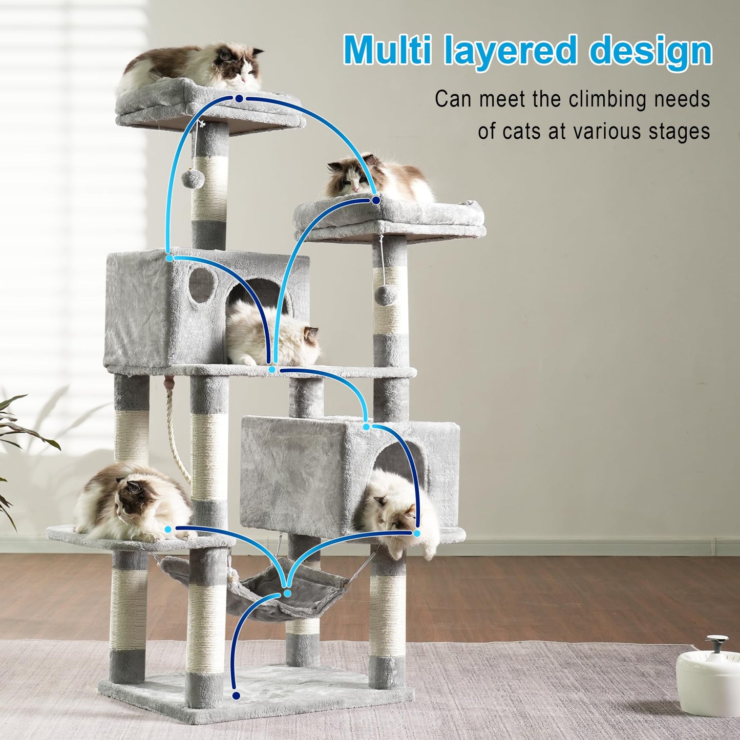 Hey-brother Large Multi-Level Cat Tree Condo Furniture with Sisal-Covered Scratching Posts, 2 Bigger Plush Condos, Perch Hammock for Kittens, Cats and Pets Light Gray MPJ020W