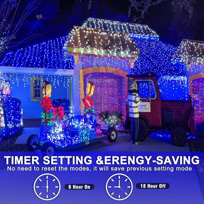 600 LED Blue Christmas Lights Outdoor 197ft Blue String Lights Clear Wire 8 Modes Plug in Waterproof Fairy String Light for Indoor Christmas Tree Bedroom Decorations