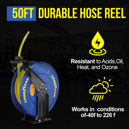 GOODYEAR Air Hose Reel Retractable 3/8" Inch x 50' Feet Long Premium Commercial SBR Hose Max 300 Psi Reinforced Steel Construction Heavy Duty Spring Driven Industrial Dual Arm & Pedestal