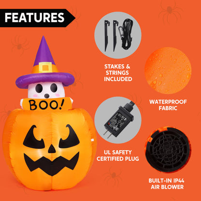 Joiedomi 5ft Tall Halloween Animated Inflatables Outdoor Decorations, Inflatable Ghost on Pumpkin with LEDs, Cute Blow Up Pumpkin Ghost Decor for Outside Yard Outdoor Lawn Garden Party Decoration