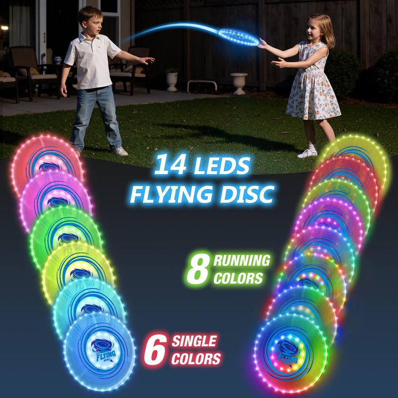 HYES 2 Pack Light up Flying Discs for Kids, Rechargeable Disc with 45 LEDs, 14 Lighting Modes(10")&Built-in Battery Disc(7.8"), Glow in The Dark Ring for Beach/Camping/Outdoor Sport