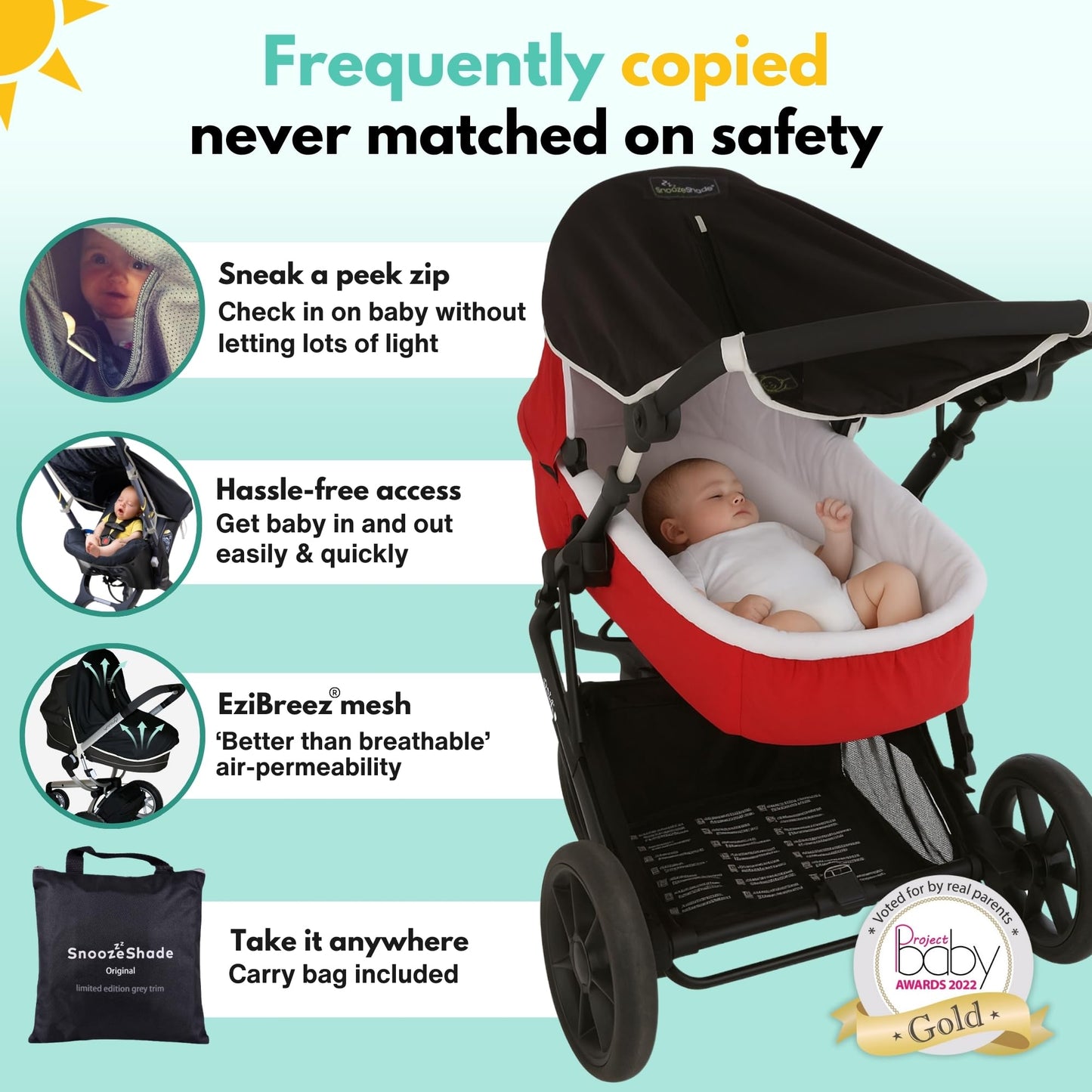 SnoozeShade Original 0-6m Pram and Buggy Sun Shade Blackout Cover Blocks 99% UV UPF 50 Baby Sleep Aid Better Than Breathable Mesh Canopy for Carrycot and Pushchair