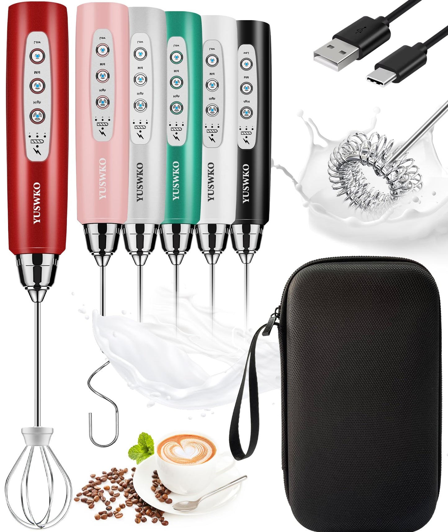YUSWKO Black Handheld Milk Frother Wand for Coffee, Rechargeable Electric Whisk with 3 Heads 3 Speeds Drink Mixer Coffee Frother For Latte, Cappuccino, Hot Chocolate, Egg