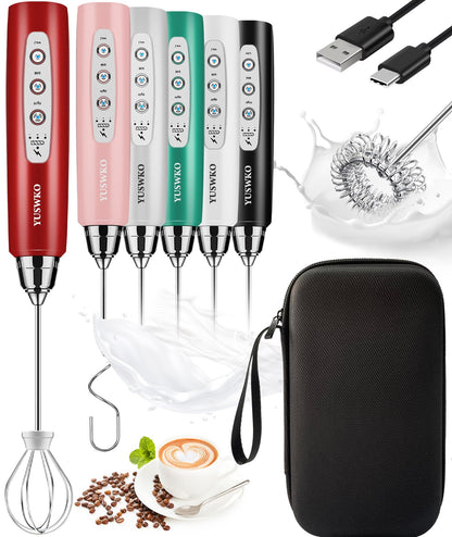 YUSWKO Black Handheld Milk Frother Wand for Coffee, Rechargeable Electric Whisk with 3 Heads 3 Speeds Drink Mixer Coffee Frother For Latte, Cappuccino, Hot Chocolate, Egg