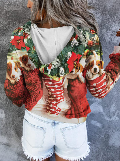 FARORO Christmas Hooded Pullover Sweatshirts for Women Dog Hoodies Long Sleeve Sports Top Loungewear Casual Clothes with Buttons