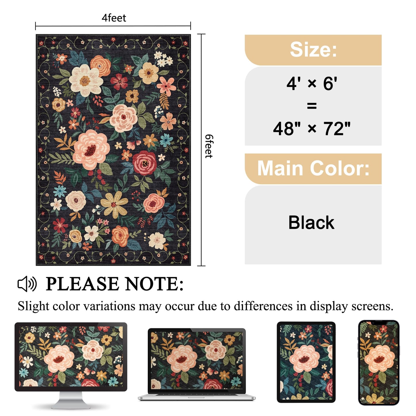 DUKINO 4x6 Feet Office Chair Mat, Lightweight Non Slip Washable Floral Area Rug, Indoor Low Pile & Non-Shedding Boho Design Rugs for Bedroom, Living Room, Dining Room, Black