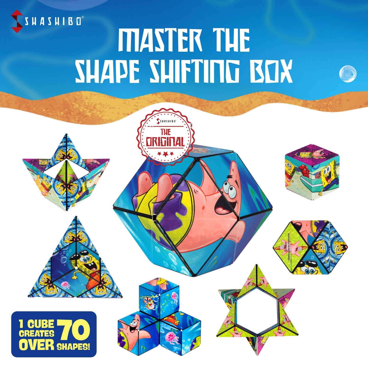 SHASHIBO SpongeBob Shape Shifting Box - Award-Winning Age 8+, Patented Magnetic Puzzle Cube w/ 36 Rare Earth Magnets - Fidget Cube Transforms Into Over 70 Shapes (Spongebob Squarepants-Beach Buddies)
