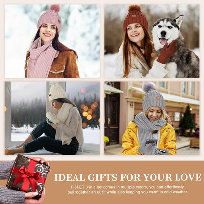 Winter Beanie Hat Scarf Gloves Set for Women, Winter Hats for Women Fleece Lined with Pom Pom Neck Warmer Touchscreen Gloves 3 in 1 Cold Weather Set, Stocking Stuffers Gifts for Mom Her(Oatmeal)