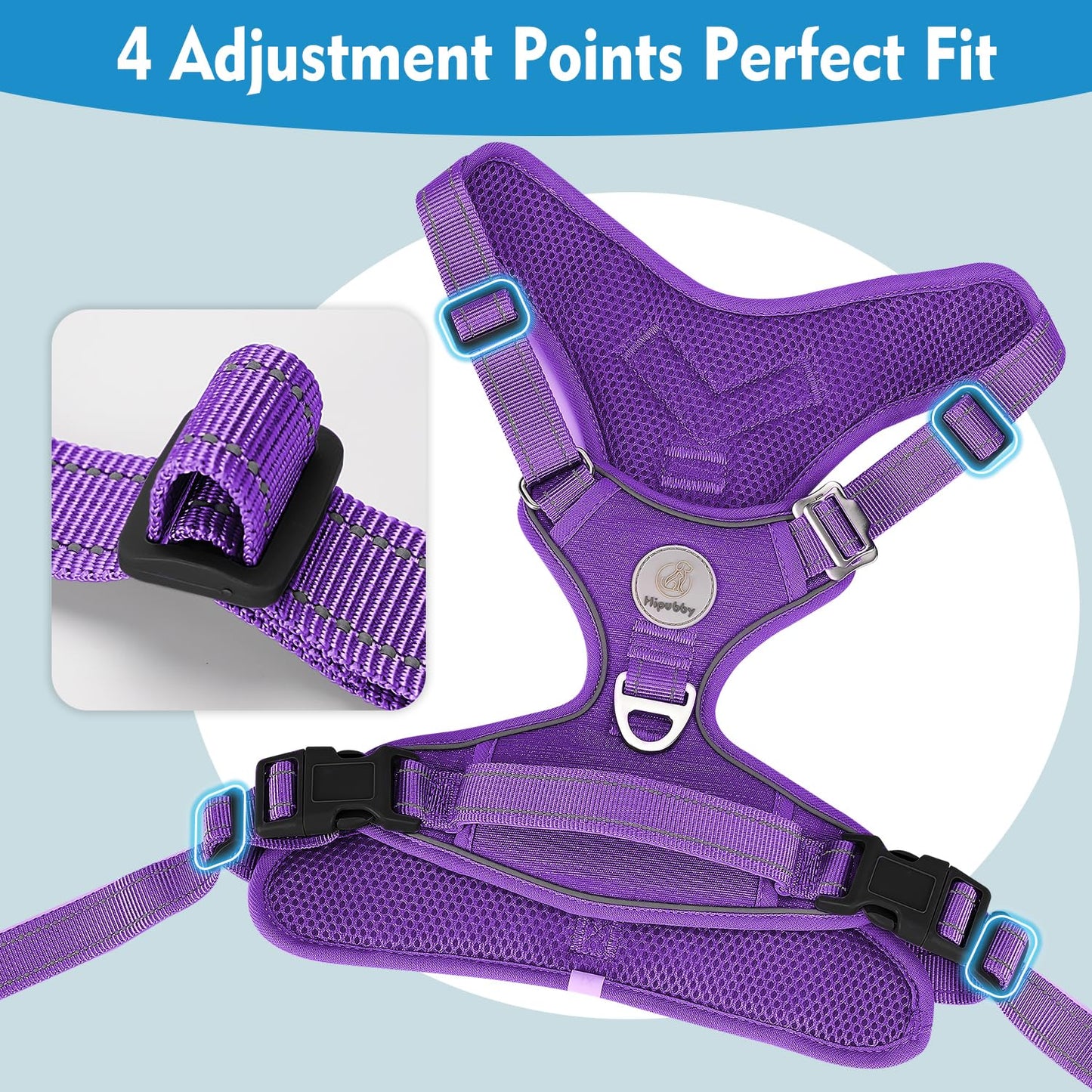 Hipubby Dog Harness Small Sized Dog, No Pull Pet Harness with 2 Metal Rings and Control Handle, Adjustable Soft Dog Vest with Reflective Strips, Easy Walking and Training for Small Dogs, Purple, S