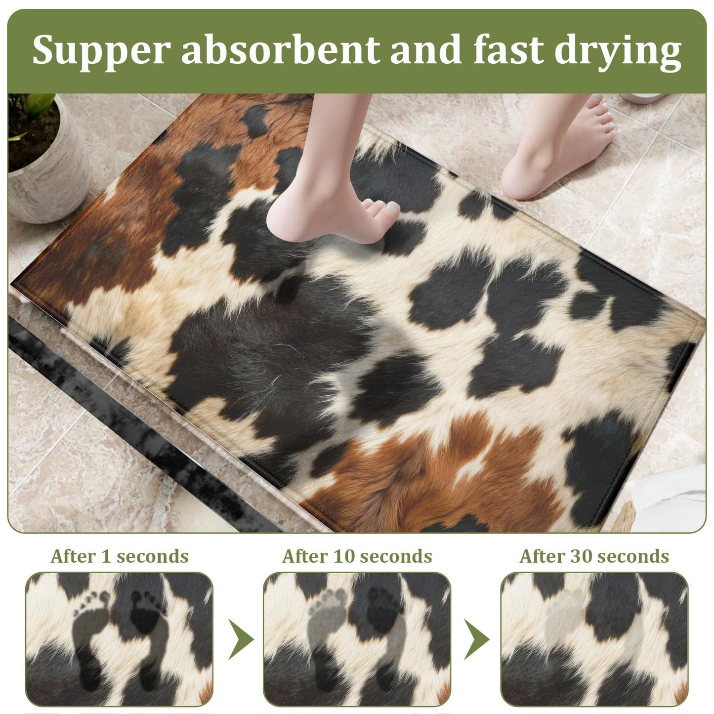 KOUTIA Cowhide Cow Print Bath Mat Animal Skin Non-Slip Bathroom Rugs Mats Washable Door Mat Quick Dry Doormat for Entrance Indoor Outdoor Laundry, 17x30 Inch