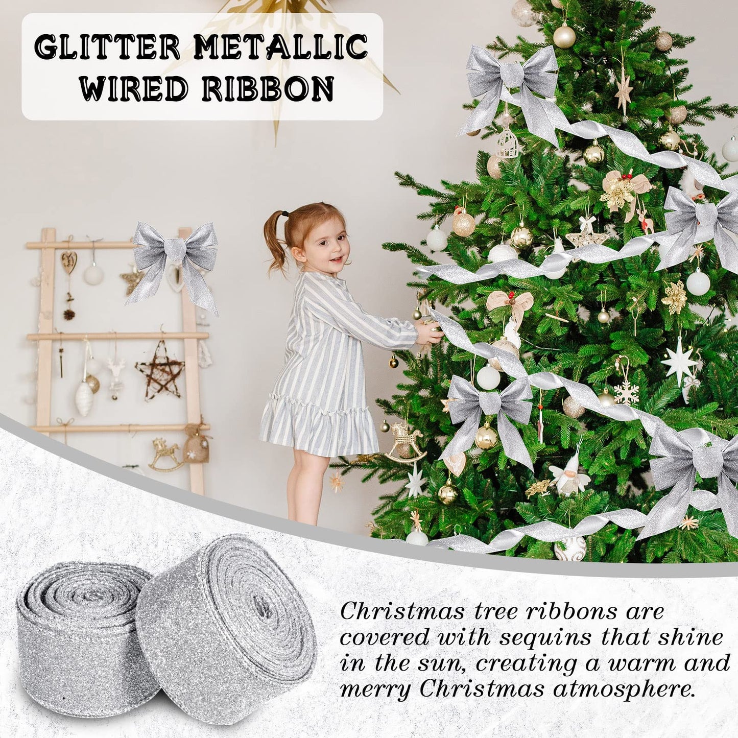 Juinte Christmas Wired Ribbon - 2 Roll 20 Yards Glitter Tree Ribbon, Thick Metallic Gift Wrapping for Wreath, Garland, Party DIY Crafts Decorations (1.5 Inch, Silver)