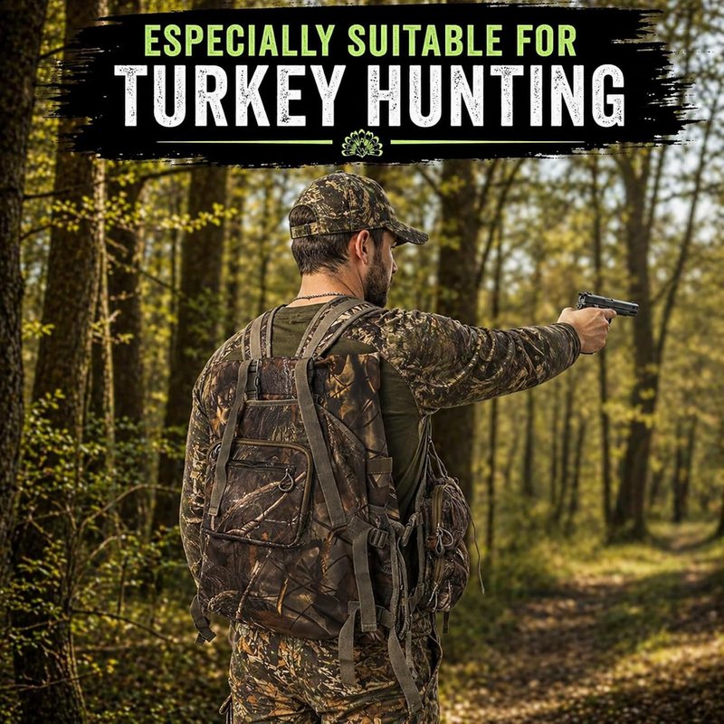 Turkey Hunting Vest with Detachable Flip-Down Seat Mat - Camouflage Game Pouch for Men & Women