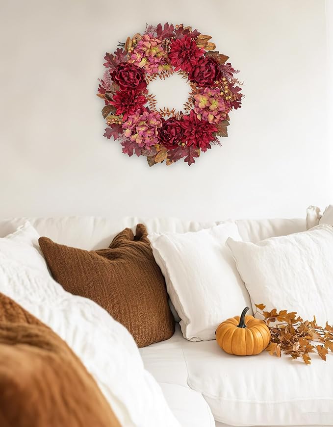 Hollyone 24inch Fall Wreath for Front Door Fall Decor Autumn Wreath Artificial Flower Wreaths with Hydrangea Peonies Dahlia Handmade Outdoor Indoor Halloween Farmhouse Harvest Decorations for Home