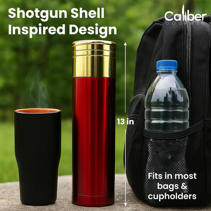 Caliber Gourmet 12 Guage Shotgun Shell Thermos Bottle 32 Ounces, Vacuum Insulated Stainless Steel Bullet Thermos – Novelty Hunting Thermos Gift for Christmas – Great for Camping Gear, Bold Red