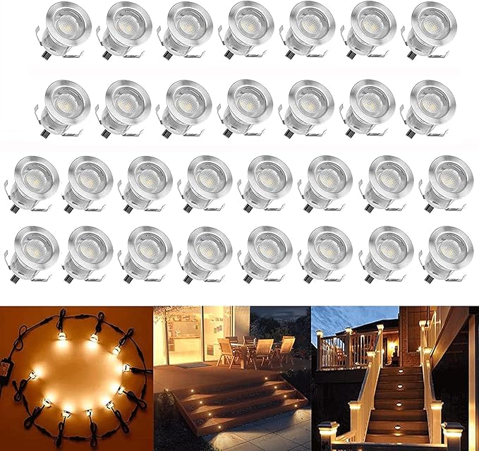 Low Voltage LED Deck Light Kit Stainless Steel Waterproof Recessed Wood Decking Stairs Garden Yard Patio Decor Lamp Outdoor LED Lighting (Warm White, 30pcs)