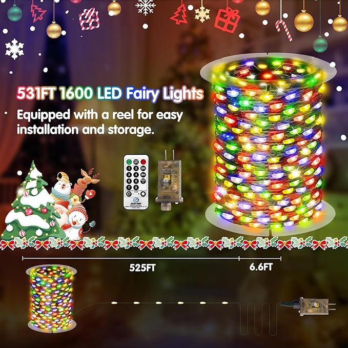 KNONEW 532FT Outdoor Christmas Fairy Lights Plug in,1600 LED String Lights Outdoor Waterproof 8 Modes Memory Times for Wedding Bedroom Walls Garden Trees Decoration(Multicolor)