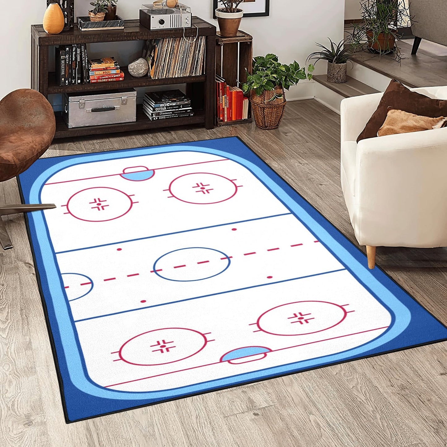 Ice Hockey Rink Printed Area Rug American Ice Hockey Sport Carpet Winter Sport Game Area Rugs Non-Slip Floor Mat for Living Room Bedroom Playroom Decor Gift for Ice Hockey Lovers 4'x 5.3'