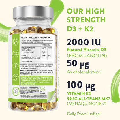 Vitamin D3 K2 MK7 (99.9% All-Trans) with Extra Virgin Olive Oil - 180 Softgels D3 and K2 Vitamin Supplements