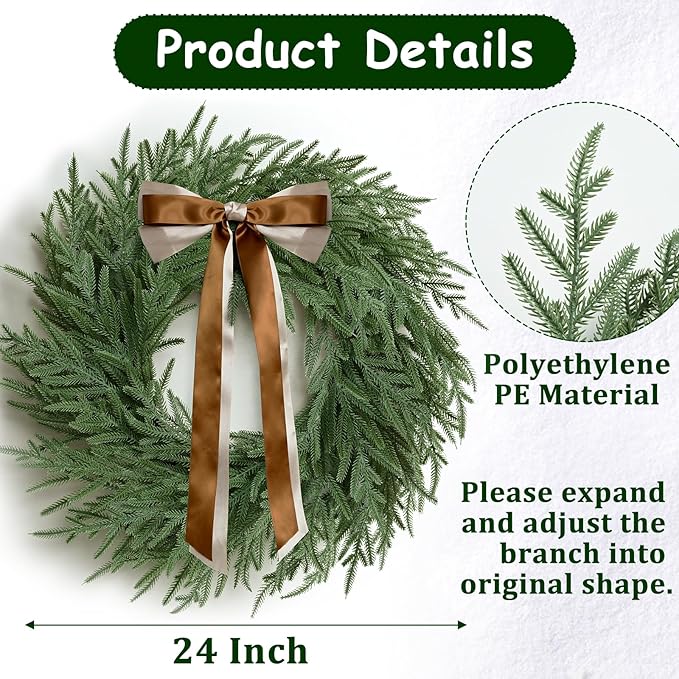 Christmas Decorations - 2 Pcs 24 Inch Christmas Wreath, Norfolk Pine Wreath, Christmas Wreaths for Front Door, Christmas Door Wreath with Bow for Outdoor Indoor with Ribbon for Home Table Wall