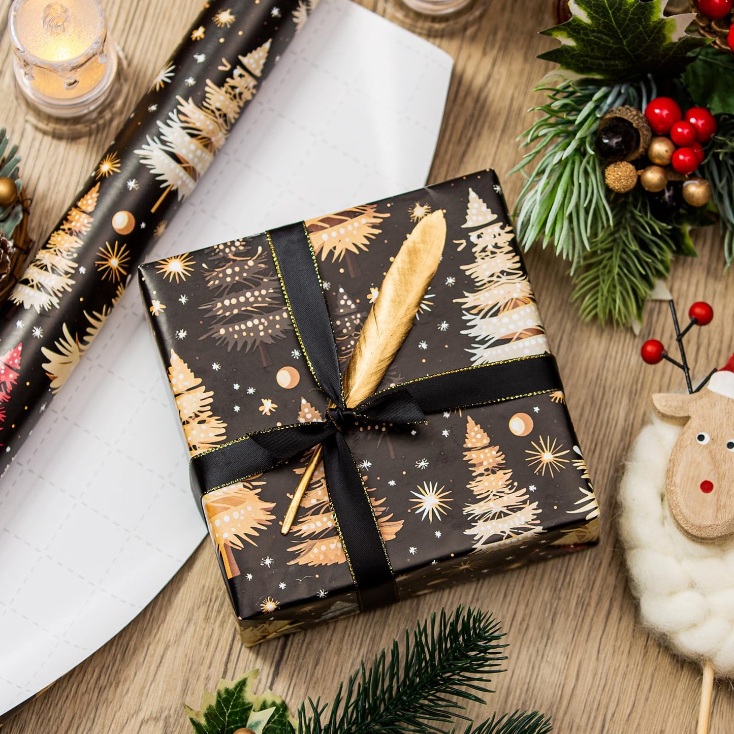 Garbendy Christmas Wrapping Paper Roll - 17 Inch X 32.8 Feet - Colorful Gold ChristmasTree Forests Design with Cut Lines on back for Christmas, Holiday, Party, Celebration