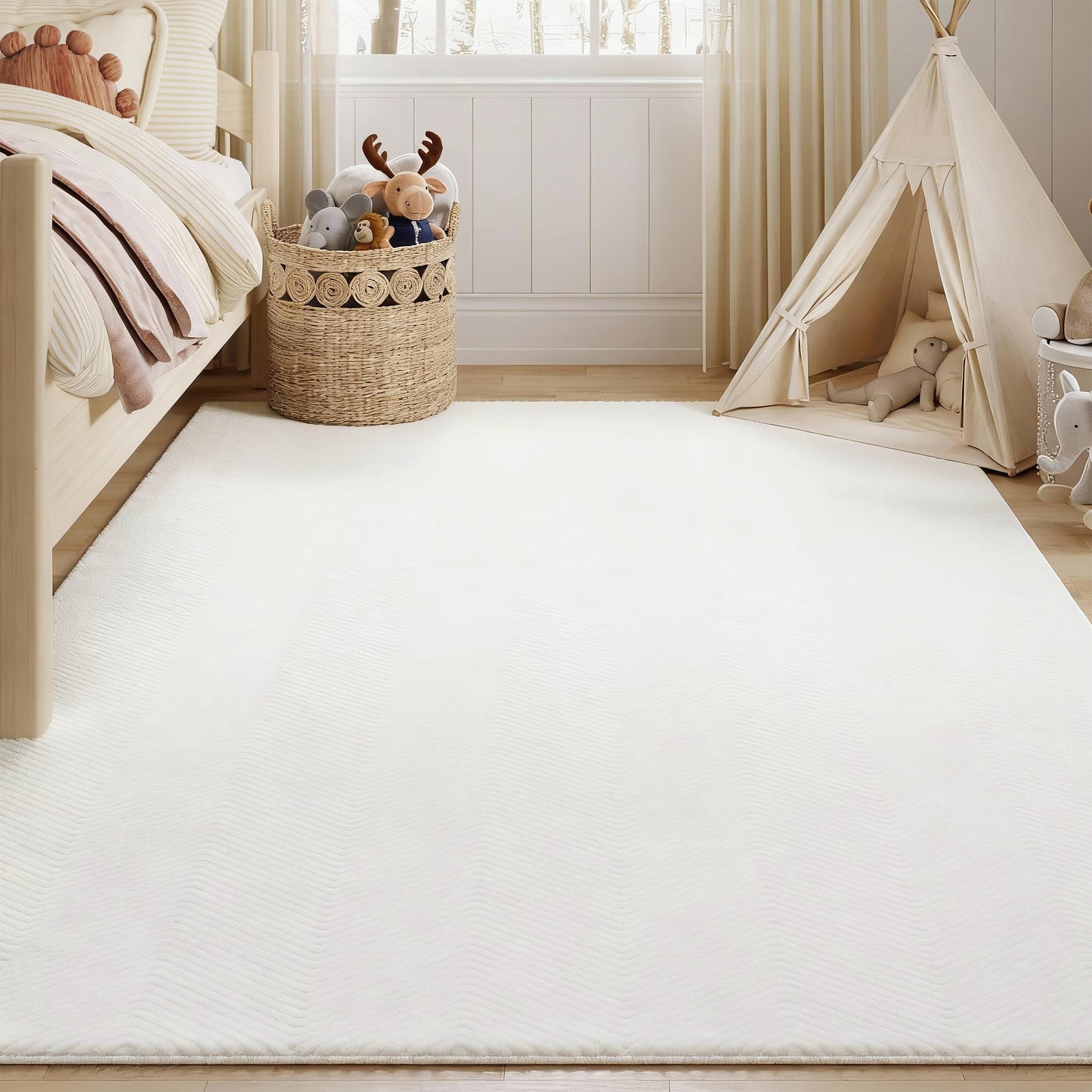 CASTLYE Area Rug for Living Room - 3x5 Soft Faux Rabbit Fur Modern Geometric Wave Carpet for Bedroom, Light Beige