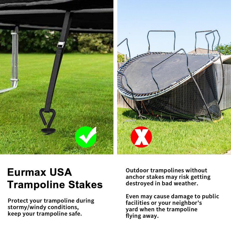 Eurmax USA 4 Pack Heavy Duty Ground Stakes,Industrial Grade Spiral Steel Screw-in Trampoline Anchors with 4 Reinforced Straps,High Wind Stabilizing Kit for Dog Tie-Out,Canopies,Sheds,Swing Sets,Black