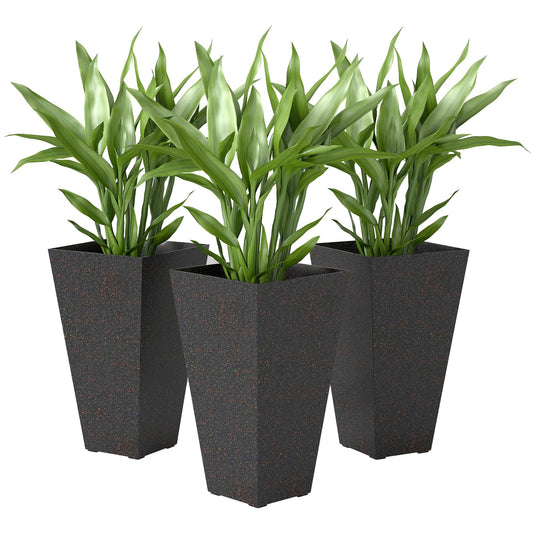 Outsunny 28 Inch Tall Planters for Outdoor Plants, Set of 3 Plastic Flower Pots with Marble Finish and Drainage Holes, Stackable Tapered Large Planters for Indoor Plants, Front Porch Decor, Brown