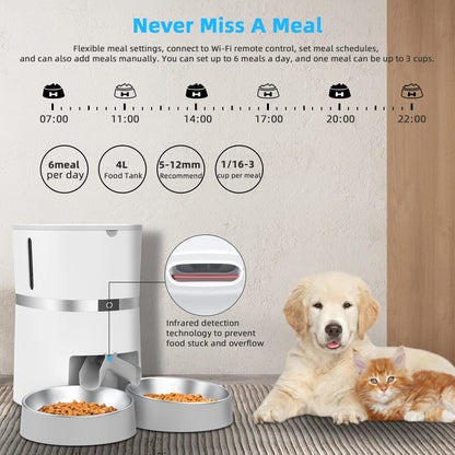 Automatic Cat Feeder, Smart Pet Food Dispenser with APP Control, WiFi Enabled Automatic Feeder for Dogs & Cats, Double Stainless Steel Bowls,6 Meals Portion Control and Voice Recording (S36D-W)