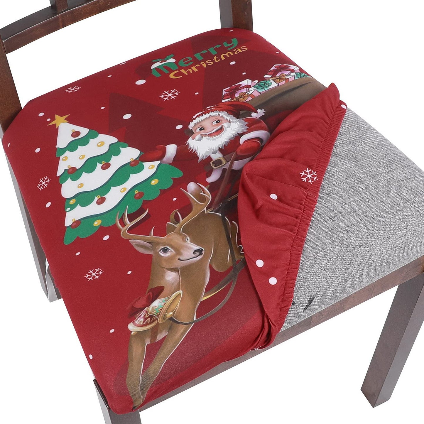 SearchI 6 Pack Christmas Seat Covers for Dining Room Chairs Stretch Printed Xmas Chair Seat Covers, Removable Upholstered Chair Seat Protector for Christmas Decoration, Kitchen, Office (Santa+elk)