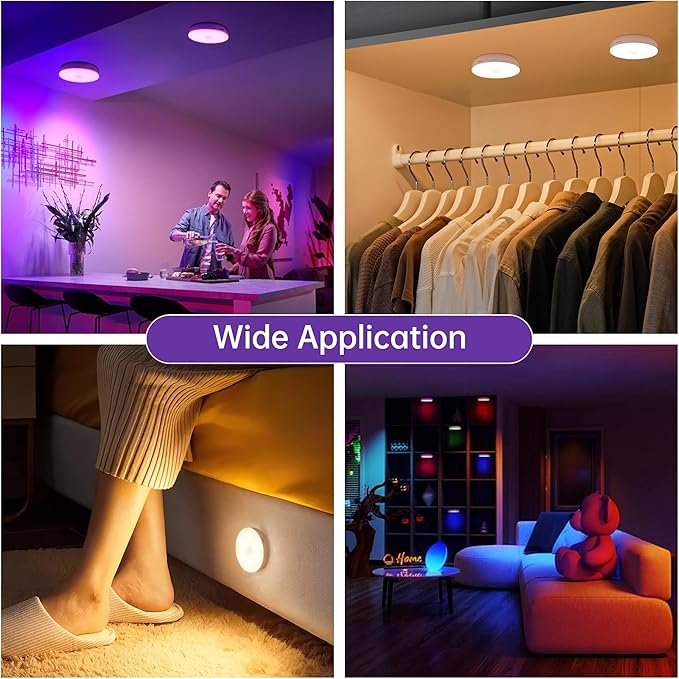 Homelist NL4 Sensor Lights Indoor, 6 Pack RGB Rechargeable Puck Light with Remote, Battery-Operated Motion Activated Night Light for Hallway, Bathroom, Kitchen, Cabinet, Stairs
