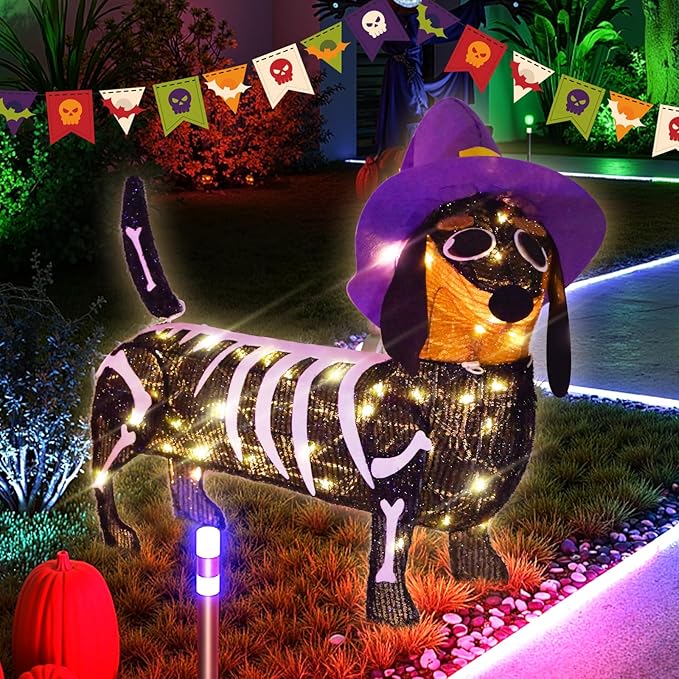 Pre-lit 25.5 Inches Long Halloween Skeleton Dachshund Dog with Witch Hats with Twinkle Lights Indoor Outdoor Decorations Halloween Decorations Lights for Home Garden Party Yard Decor Black