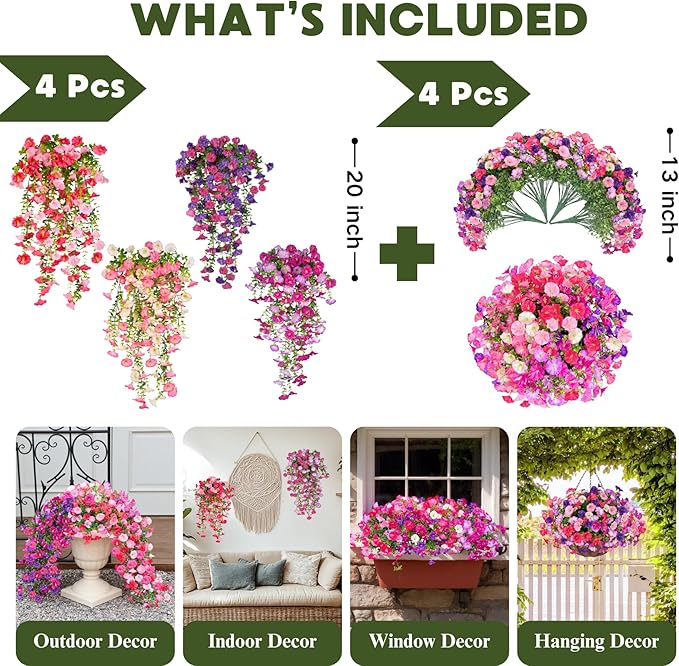 7 Color Mix Artificial Hanging Flowers for outdoor, 8 Pcs Fake Silk Petunias Plants Arrangement, for Spring Summer Outdoor Decoration, UV Resistant, Morning Glorias,for Home Garden Decor (PinkPurple)