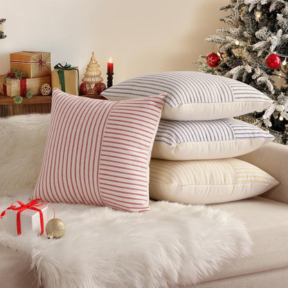 YCOLL Christmas Pillow Covers 18x18, Boho Throw Pillow Covers Set of 2, Red and Cream Striped Linen Decorative Pillows Cushion Covers for Couch Bedroom Christmas Decorations