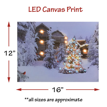 BANBERRY DESIGNS Lighted Wall Art - Cabin in the Woods Christmas Canvas Prints - Canvas Holiday Print with Cardinals Snow and Trees - LED - Measures 12" X 16"