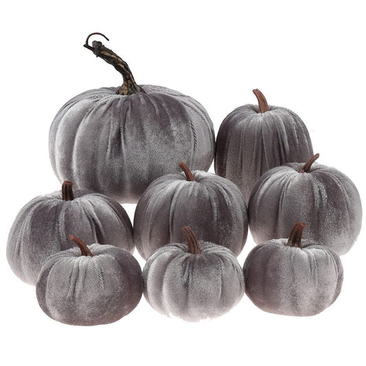 Gresorth 8pcs Assorted Size Fake Handmade Grey Velvet Pumpkins Artificial Fall Harvest Halloween Decoration for Home Kitchen Farmhouse Thanksgiving Wedding Festival