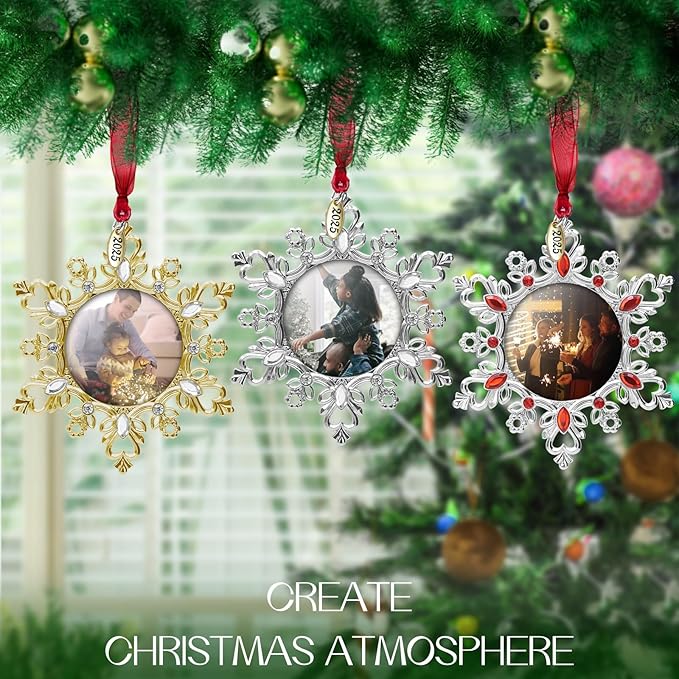 Laraine Christmas Tree Ornaments – Decorative Hanging 2025 Holiday Keepsake Gift Snowflake Pendant with 2” Photo Frame Insert for Picture of Pet (Snowflake Gift Set (2025))