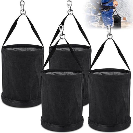 SilTriangle 4 Pack Canvas Bucket 15" x 12" Heavy Duty Lineman Tool Bag with Plastic Bottom & Metal Hook Electrician Tool Organizer for Jobsite Use, Load Rated up to 150 Pounds (Black)