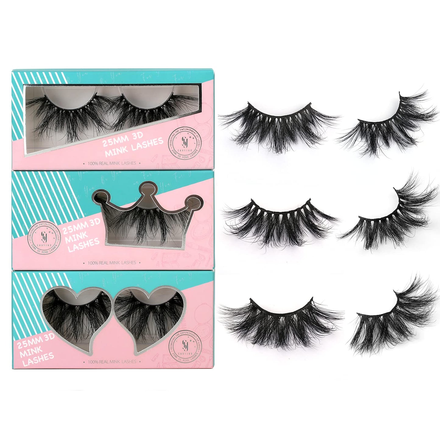 SY SHUYING 25mm Mink Lashes 3D Real Mink Eyelashes Fluffy Dramatic False Eyelashes 6D Wispy Long Thick Handmade Luxury Volume Strip Eye Lashes (3 Pairs, Doll Honey Queen)