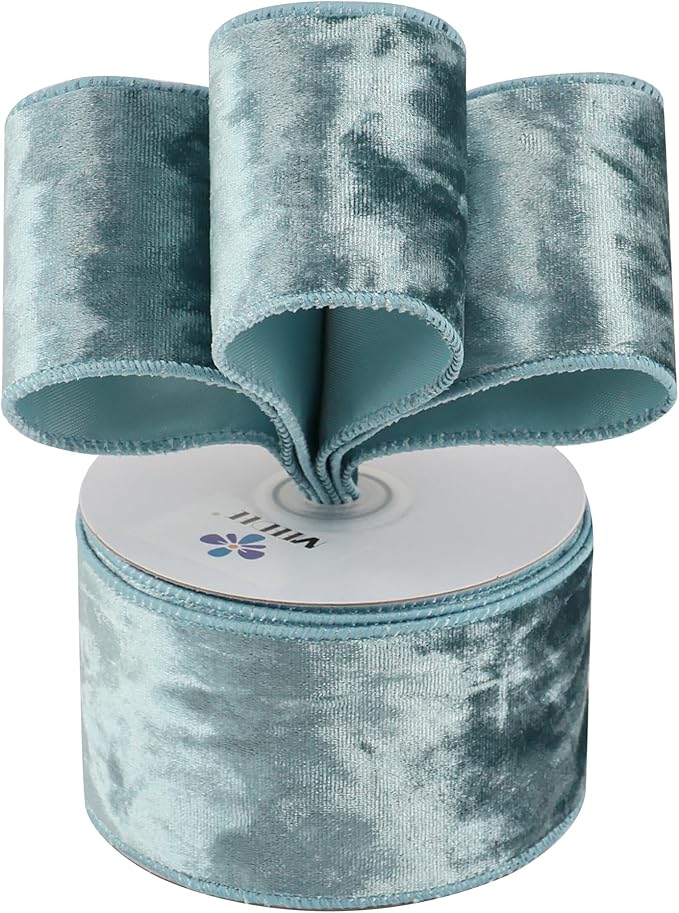 MEEDEE Dusty Blue Velvet Ribbon 2.5 inch Crushed Velvet Christmas Ribbon 10 Yards for Christmas Tree Decoration, Baskets, Wreaths, Holiday Projects, Wedding Decor and Accents