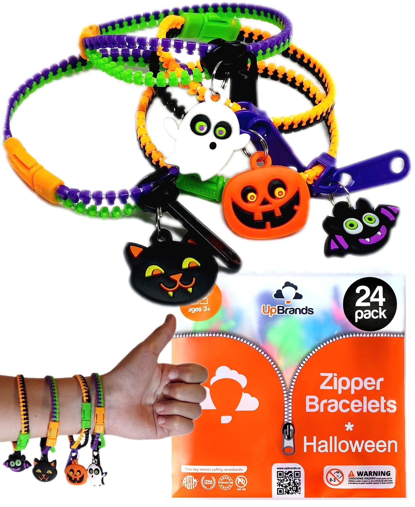 UpBrands 24-Pack Halloween Bracelets for Kids – Zipper Fidget Toys, Small Goodie Bag Stuffers, Party Favors, Trick-or-Treat Giveaways & Prizes