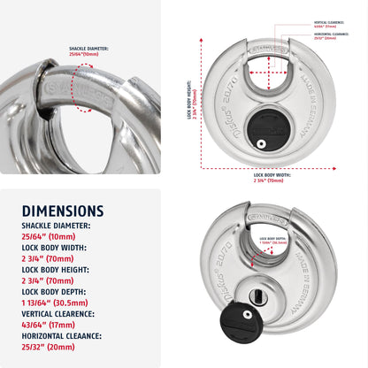 ABUS Diskus 20/70 Heavy Duty Stainless Steel Disk Padlock - Rustproof Lock with 3/8" Shackle - Made in Germany - Keyed Different