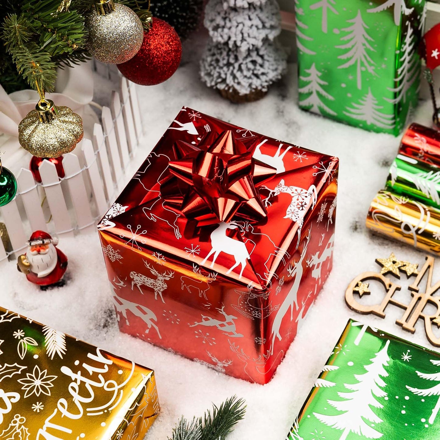 Merture 3 Rolls Christmas Wrapping Paper Set - 17 inch x 120 inch per Roll - Red, Green, Gold Metallic Gift Wrap With Reindeer, Christmas Tree, Snowflake, Dahlia Design