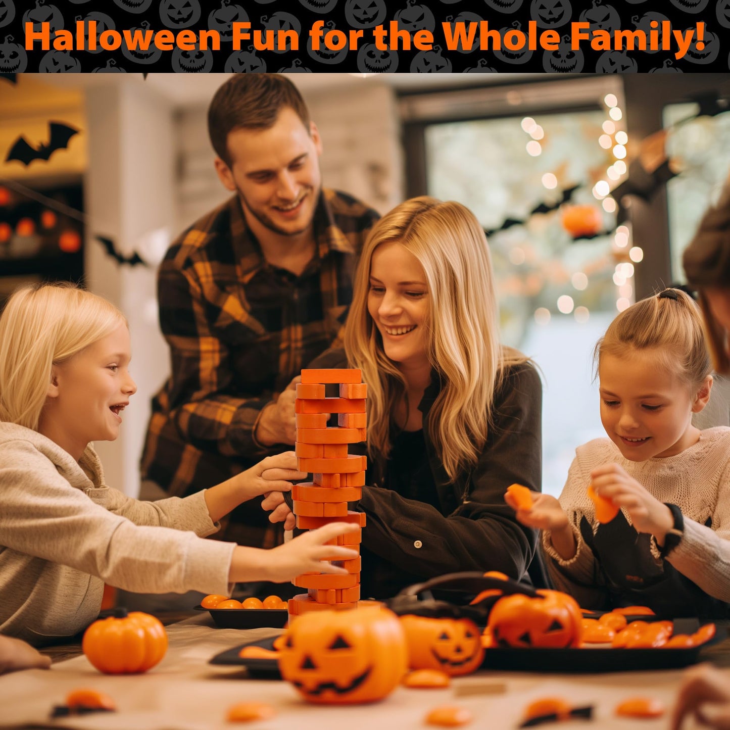Funwares Wooden Blocks Stacking Game, Tumbling Tower and Balance Game, Family & Party Fun, Game for Kids and Adults, Ages 6+, Stack 'O Lantern, The Fall Pumpkin-Themed Wood Blocks Stacking Game