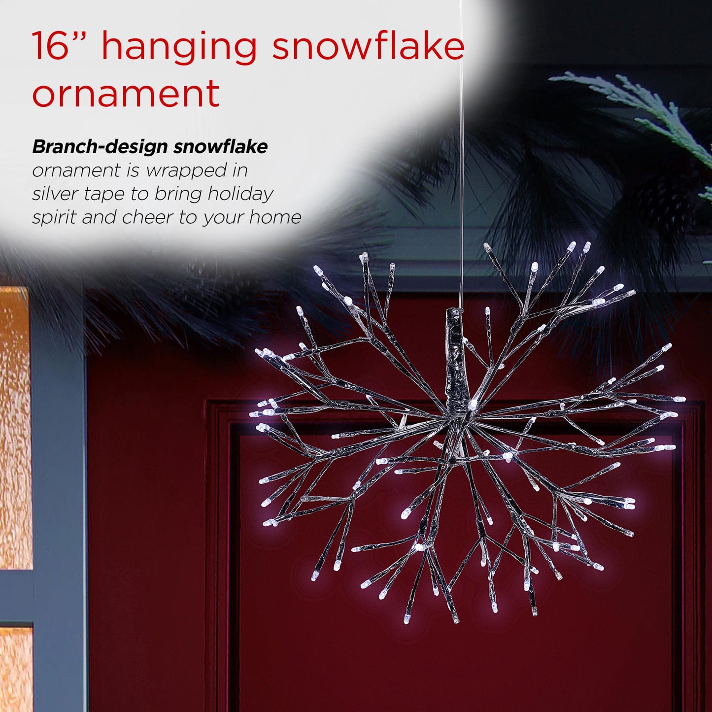 Alpine Corporation 16"H Indoor Holiday 3D Snowflake Hanging Ornament with LED Lights, White , Christmas Decoration