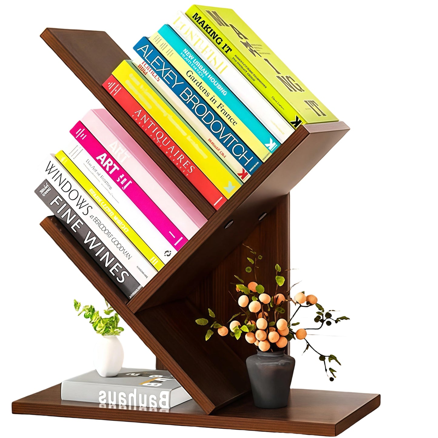 Godferyxin Tree Bookshelf,Desktop Book Shelf,3 Tier Wood Mini Bookshelf and Book Tree for Office, Home or School Desk Book Shelf for for Displaying Books, CDs, Magazines Wood Storage Rack