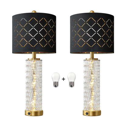 Oneach 27.75" Modern Table Lamps Set of 2, Gold Bedside Lamp with Crystal Nightlight, USB A+C, Black Grid Shade, Unique Desk Lamps for Living Room, Bedroom, Nightstand, End Table (2 Bulbs Included)