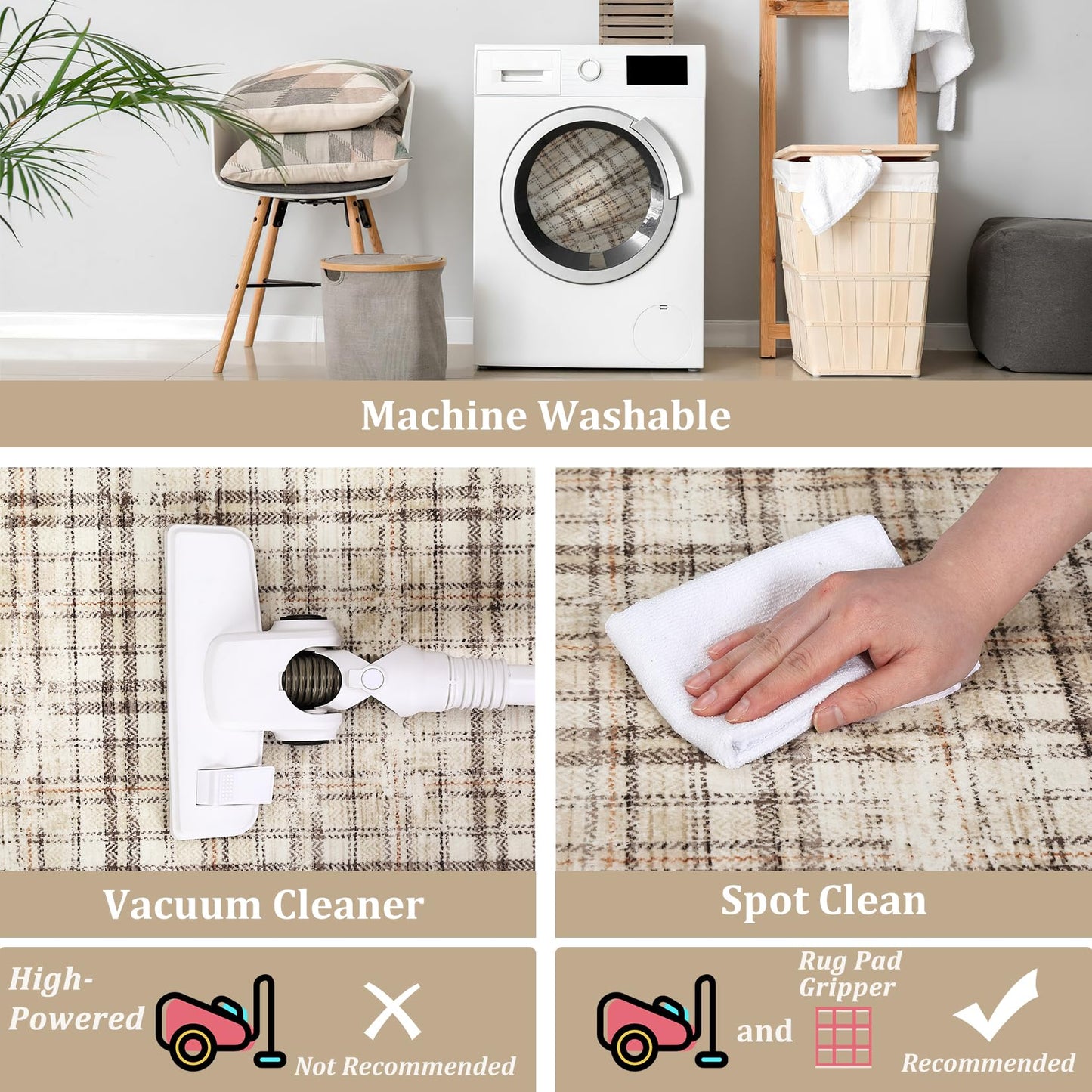 Garvee Washable 8x10 Area Rug for Living Room Non Slip Soft Bedroom Rugs Tartan Plaid Area Rug Non Shedding Low Pile Stain Resistant Carpet for Nursery Dining Room Playroom Office, Beige